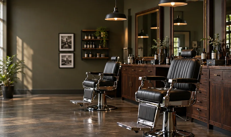 Black leather barber chairs in a dark walnut barbershop, an illustrative concept