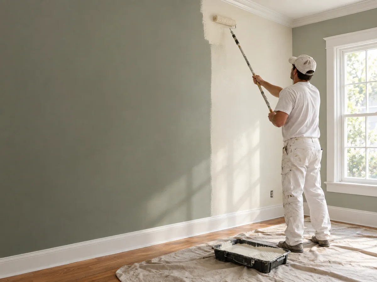 Local professional painter using a roller inside a home, an illustrative painting business concept