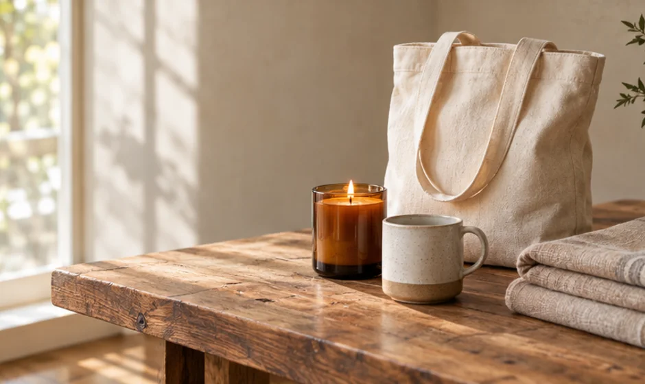 Canvas tote, amber candle and ceramics, created for an illustrative independent retail website concept
