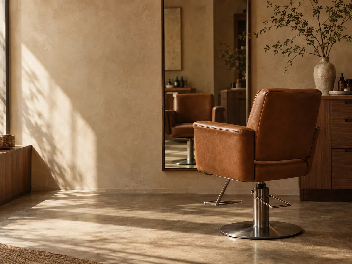 Warm salon interior with a leather styling chair, an illustrative salon concept